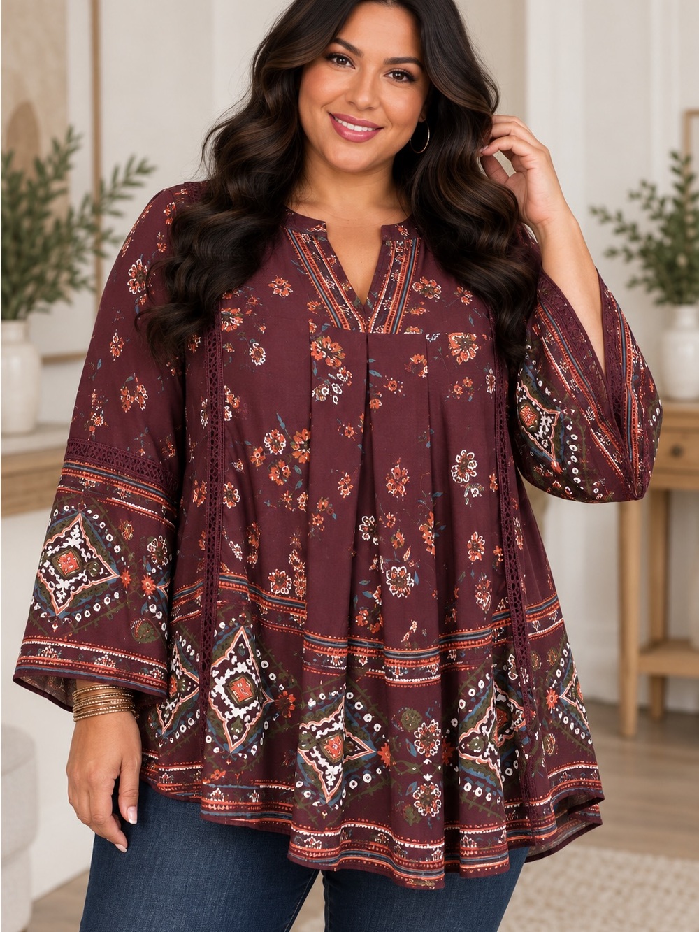 Knox Rose XXL Boho Floral Tunic Blouse Burgundy Bell Sleeve